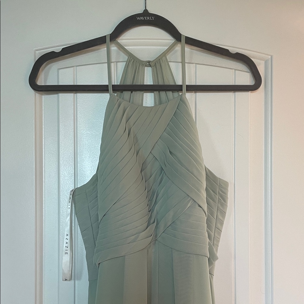 Azazie Backless Pleated Halter Dress in Sage Bridesmaids